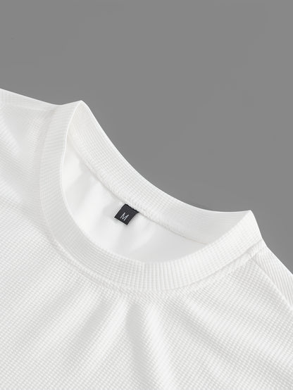 Men's Waffle Round Neck Top with Label, Short Sleeve T-shirt and Drawstring Shorts for Clean and Comfortable Spring/Summer Wear