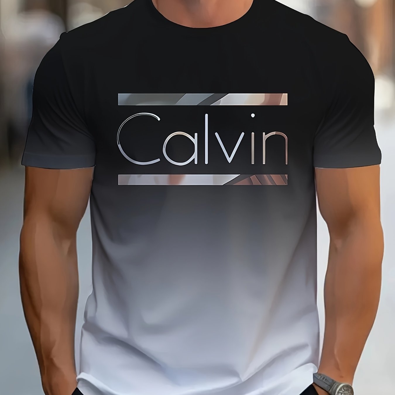Men'S "Calvin" Graphic T-Shirt - Casual 3D Print Letter Tee with Geometric Design, Short Sleeve, Round Neck, Light Blue, Perfect for Summer, Everyday & Sportswear, Casual Wear Tee | Modern Casualwear | Comfortable Fit