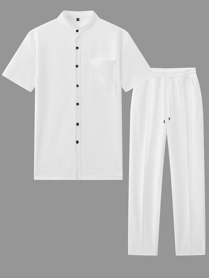 Men'S Two-Piece Set Featuring a Short-Sleeve Cardigan with Pockets And Drawstring Pocket Long Pants, Perfect for a Clean And Comfortable Summer.