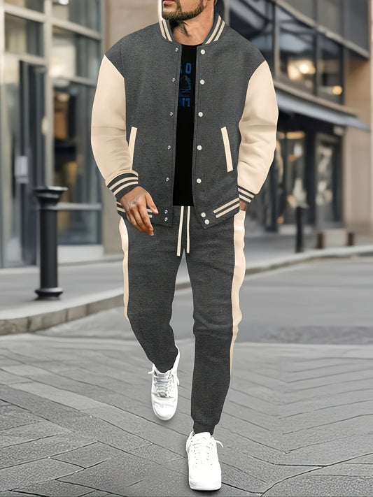 Men's Casual Baseball Jacket & Pants Set - Color Block, Polyester, Button-Up with Belt Detail for Spring/Fall