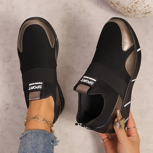 Women's Slip-On Sneakers - Lightweight Knit Upper, Breathable Design, Comfortable Casual Shoes with Strap, Black & Golden Accents, Round Toe for All-Day Wear, Sporty Sneakers | Round Toe Shoes | Flexible Sole, Ladies Sneakers