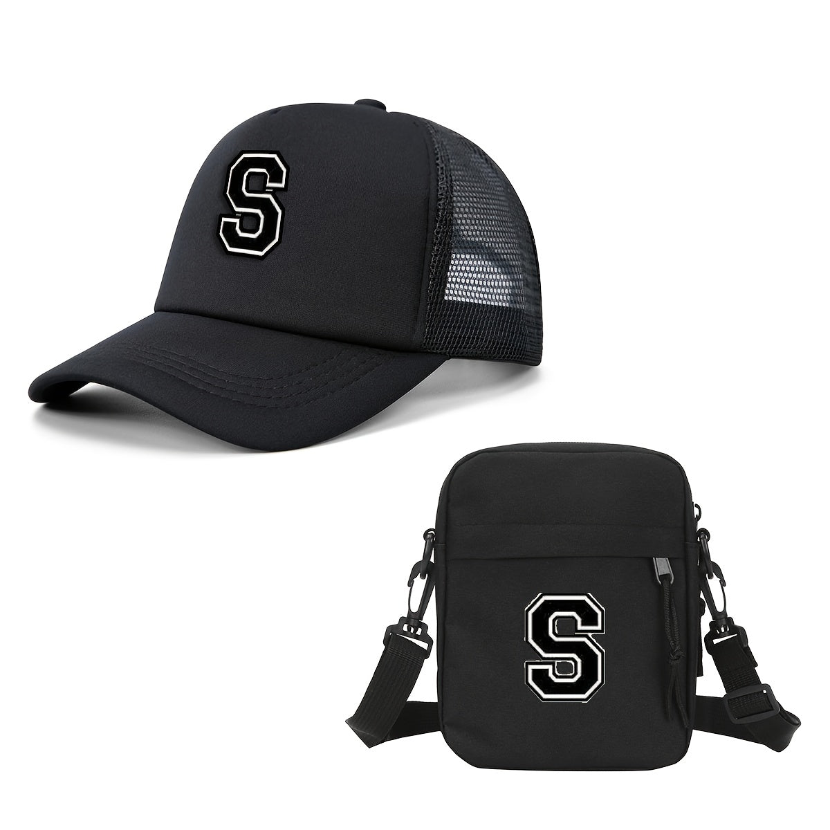 2pcs Men'S And Women'S 26-Letter Printed Trucker Hat & Bag Set, Mesh Breathable Versatile Casual Sun Hat, Suitable for Holiday Vacation, Mountain Climbing, Camping, Outdoor Street And Other Scenes, Suitable As a Birthday, Hol