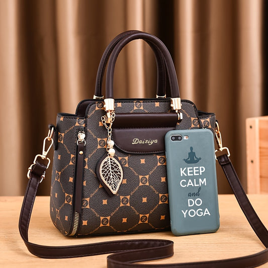 Vintage Style Top-Handle Satchel Bag with Adjustable Strap, Solid Coffee-Colored PU Material with Plaid Pattern, Zipper Closure, Polyester Lined, Fashionable Accessory for Business And Casual Outings