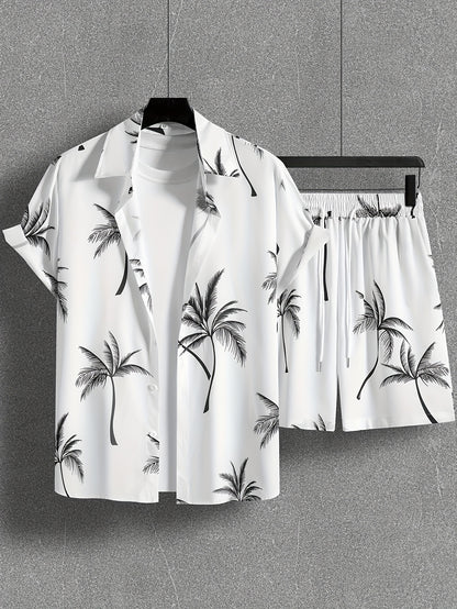 Coconut Tree Print, Men's 2Pcs Outfits, Casual Camp Collar Lapel Button Up Short Sleeve Shirts Hawaiian Shirt And Drawstring Shorts Set For Summer, Men's Clothing