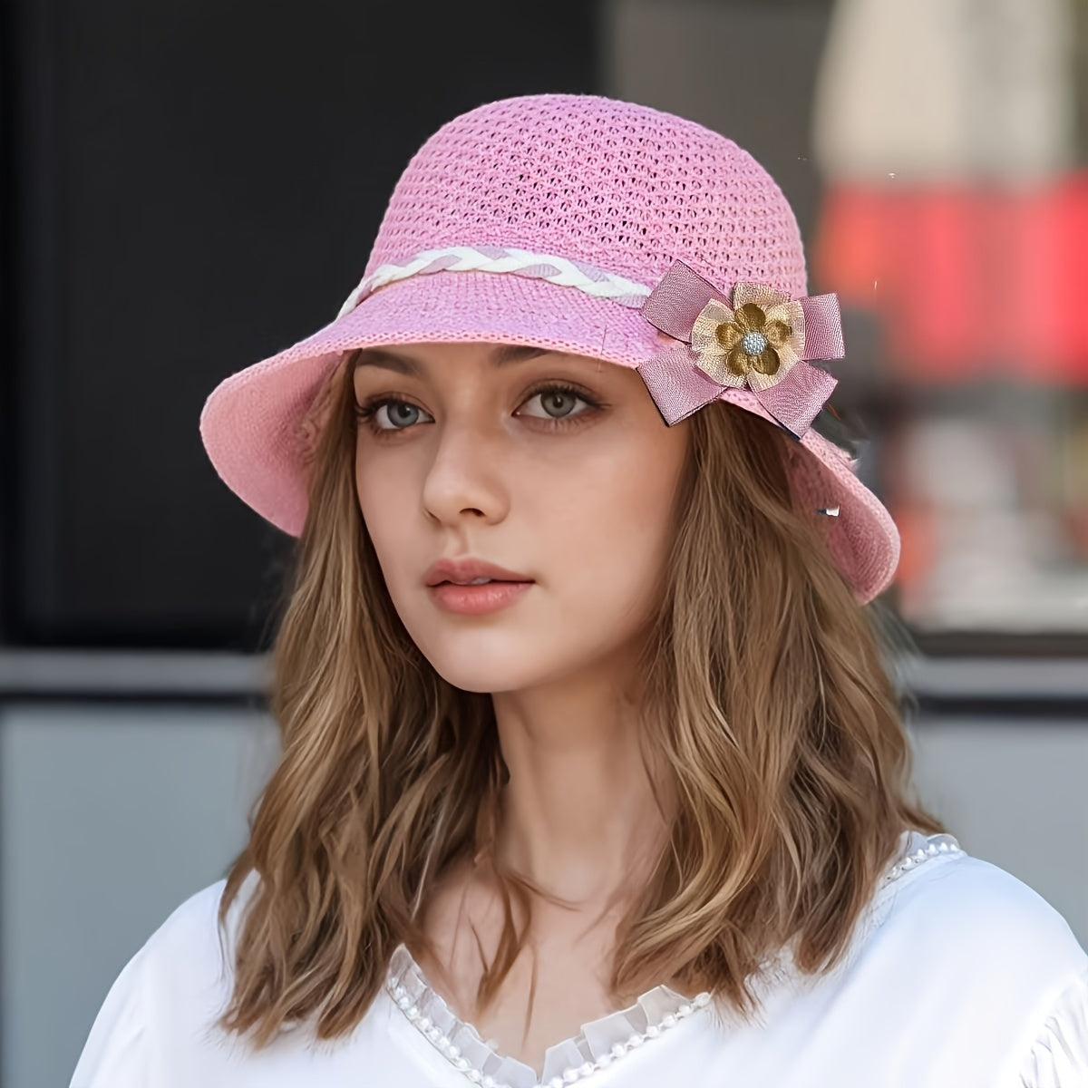 1pc Elegant Women's Floral-Decorated Straw Hat - Breathable Hollow Fisherman Sun Hat with Wide Brim, Jacquard Beige & Brown Summer Beach Hat for Outdoor Travel, Casual Outings & Daily Wear, Fishing Hat, Decorative Bow Accent,