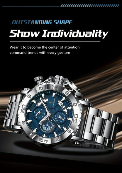 POEDAGAR Men'S Luxury Stainless Steel Business Watch with Date Display, 3ATM Blue Dial, Rotating Bezel, Alloy Case, Quartz Movement - Elegant Formal Accessory, Formal Accessory|Luxurious Watch|Quartz Movement Watch