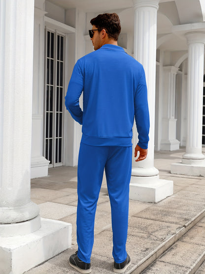 Men's Solid Waffle 2pcs Athletic Outfits, Zip-up Jacket & Pants co ord set for Outdoor Sports