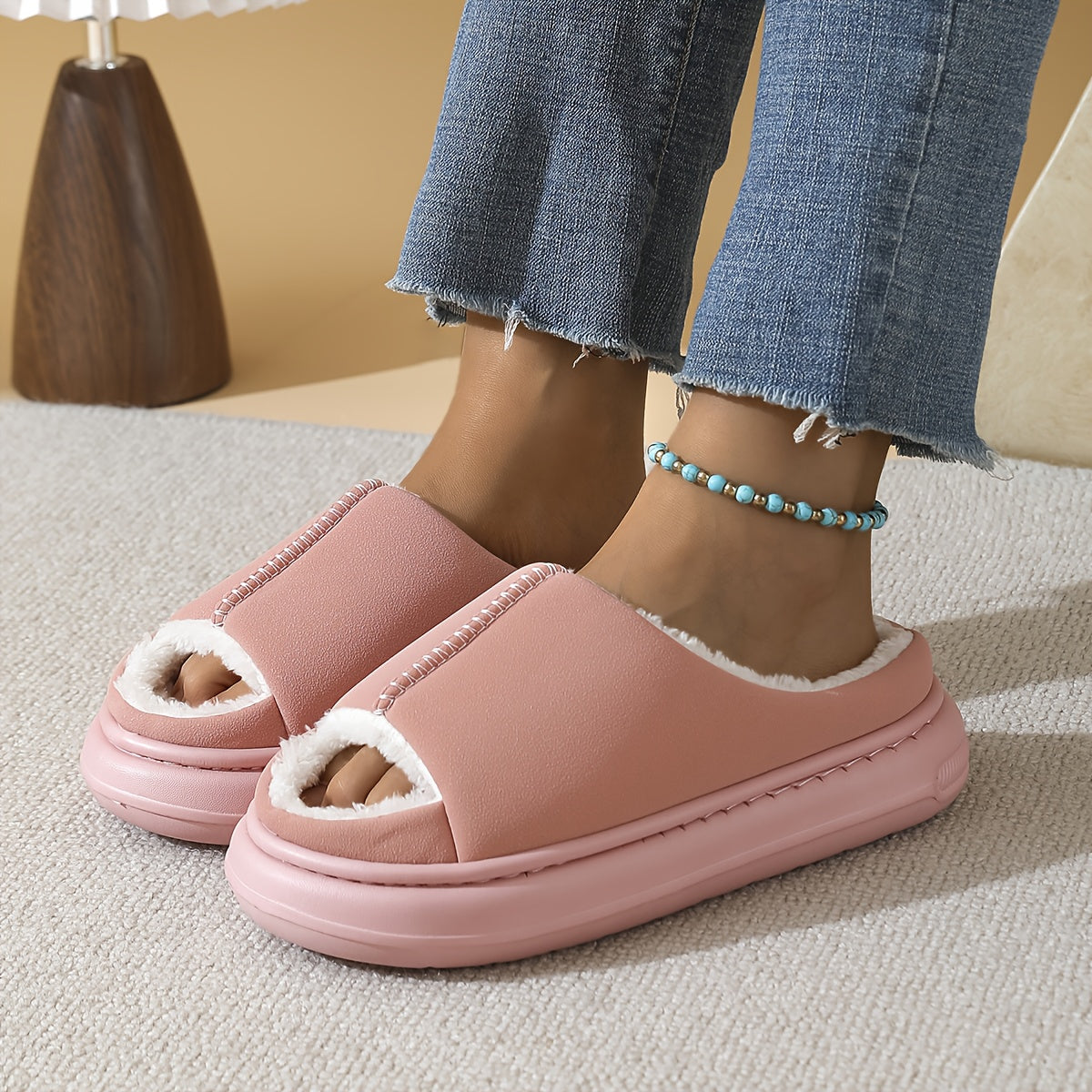 Women's Plush Slip-On House Shoes - Soft Open-Toe Indoor Slippers, Non-Slip Cushioned EVA Sole, All-Season Cozy Lounge Footwear Black/Gray/Beige/Pink/White - Elegant Home Decor Gift for Women, Simple Design, Durable Sole