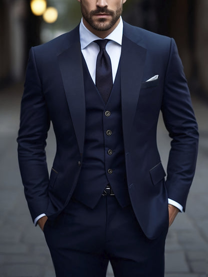Men'S 3pcs Suit Set, Solid Color Polyester 78.90% Viscose 21.10% Non-Stretch Fabric, Regular Fit Long Sleeve Lapel Collar, Button Detail, Woven Wedding Party Business Casual Suit with Vest, Shirt, and Pants