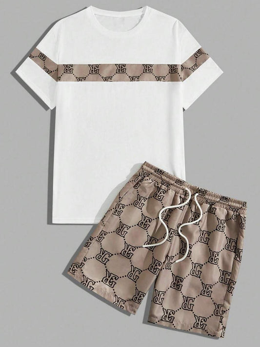 Men's fashionable casual T-shirt set- Checkered print design, round neck, short sleeve and shorts combination, fashionable and casual, two-piece set for summer daily wear