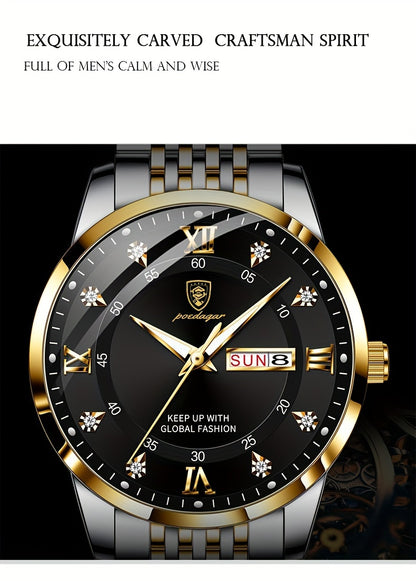 POEDAGAR Classic Men'S Stainless Steel Quartz Watch, IPX8 Luminous Weekly Calendar Watch for Men, Perfect Gift Option, Suitable for Women