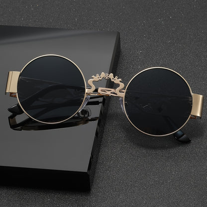 A Pair Of Men's Stainless Steel Retro Round Frame Glasses, Chinese Dragon And Phoenix Carving Hollow Arms, Casual Hip-hop Punk Street Party Fashion Trend Decorative Glasses, With PC Lenses