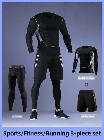 Men'S 3pcs Athletic Set, Breathable Mesh Long Sleeve Top, Skinny Fit Polyester & Spandex, Crew Neck, Solid Color, High Stretch, for Running, Basketball, Hiking, Training - Fall/Winter Sports Outfit
