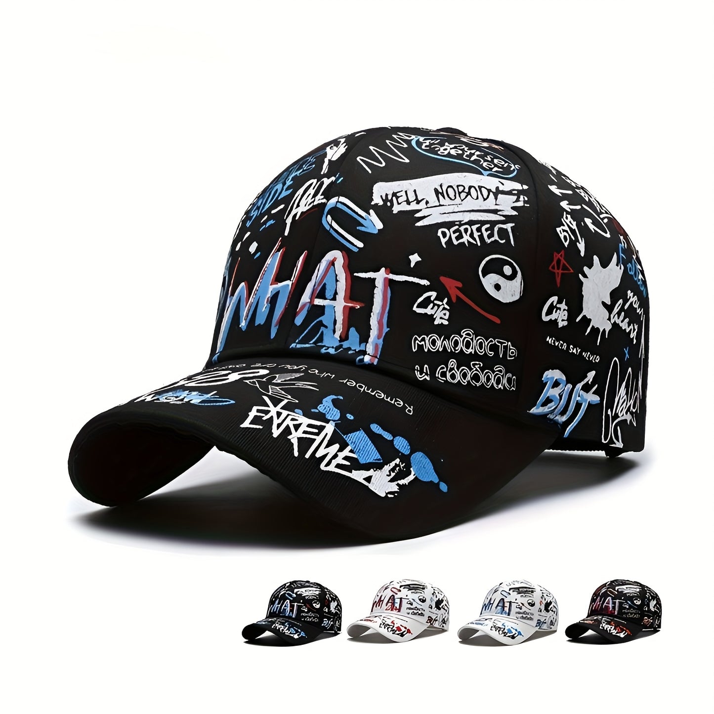 Stylish baseball cap with cool graffiti letter print, hard top, trendy hip-hop design, versatile sun protection hat for both European and American styles, available in 4 colors