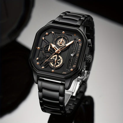 BASID Men's Elegant Square Analog Quartz Watch with Date Display & Stopwatch - Stainless Steel Strap, Black Dial - Casual & Dress Watch for Men, Unique Gift Idea, Versatile Wristwatch, Sleek Watch Design, Polished Finish
