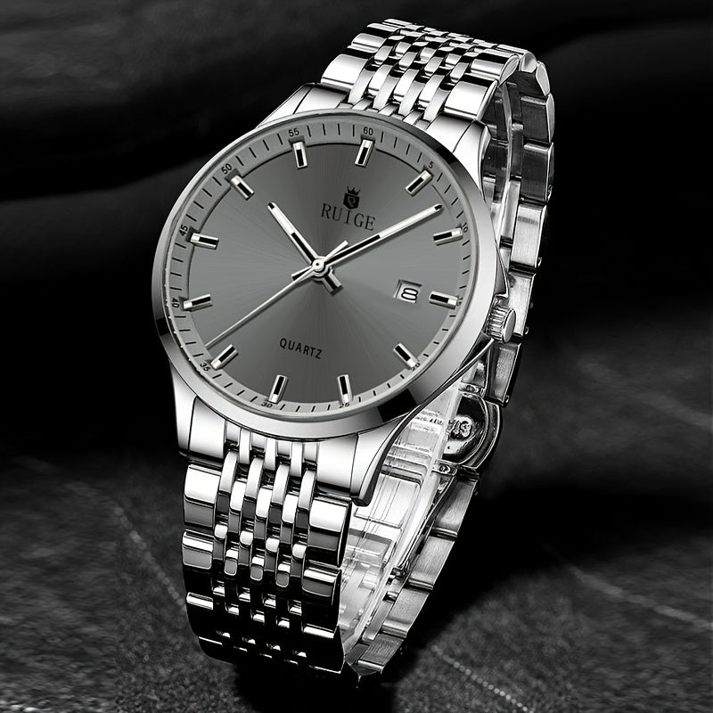 RUIGE Men's Sleek Quartz Watch - Stainless Steel Band, Simple Design with Date Display & Night Light Feature, Casual Wristwatch for Casual Attire