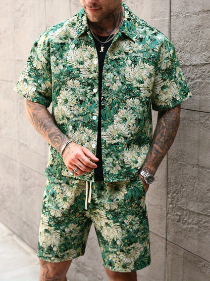 Men'S Summer Casual Short Sleeve Shirt & Shorts Set - Tropical Print, Loose Fit, Button-Up with Collar, Lightweight Polyester Fabric for Outdoor & Leisure Activities, Summer Casual Wear | Tropical Print Shirt | Lightweight Fa