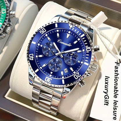 1pc New Fashion Stainless Steel Luxury Quartz Watch, High-end, Casual, Round Dial, Multi-scale, Night Light, Date Display, with Birthday, Holiday, Anniversary, for Men, Travel, Party