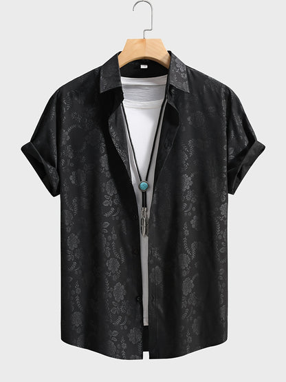 Men's Outfit, Casual Floral Graphic Print Lapel Short Sleeve Button Up Shirt & Drawstring Pants 2-piece Set For Outdoor Activities