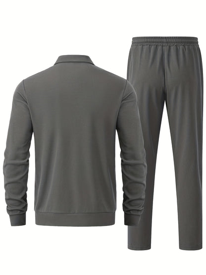 Men's Solid Waffle 2pcs Athletic Outfits, Zip-up Jacket & Pants co ord set for Outdoor Sports