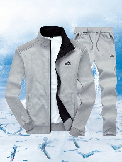 Men'S Casual Sportswear Set - Black Zip-Up Jacket & Pants with White Logo, Regular Fit, Spring/Fall Collection, Non-Stretch Fabric, Casual Attire|Zipup Jacket|Pants with Logo, Sweater Pants