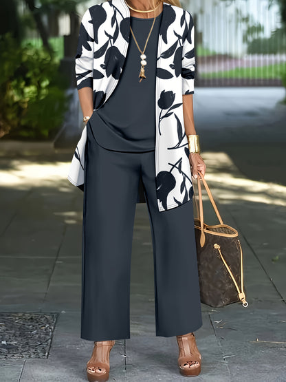 Women'S 3pcs Set, Floral Print Cardigan with Solid Color Cami and Wide-Leg Pants Casual Outfit