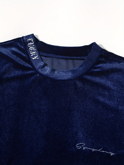 Men'S Fashion Velvet Knit Pullover Set, Contrast Letter Embroidery Top and Solid Color Drawstring Shorts, Simple Casual Outing Commuting Vacation Light Luxury Set, Regular Fit Elastic Knit Two-Piece Set, High-end Sheen Light