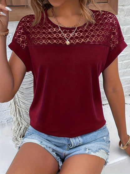 Women'S Chic Lace Trim Round Neck Short Sleeve T-Shirt - Loose Fit, Breathable Summer Top with Contrast Lace Detail, White, Casual Wear, Casual Summer Top | Lace Trim Top | Delicate Lace Detail