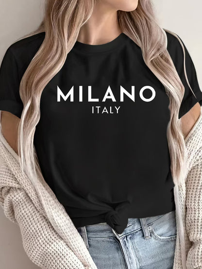 Women'S Casual Polyester T-Shirt with "Milano Italy" Letter Print, Short Sleeve Crew Neck Top, All-Season Knit Fabric Tee, Regular Length - 180gsm