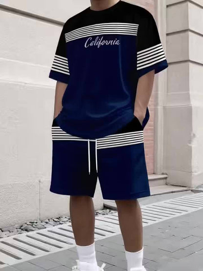 Men'S Athletic T-Shirt & Shorts Set - California Graphic, Blue & White, Drawstring Waist, Summer Sportswear, Regular Fit, Adult Exercise Gear, Athletic Apparel | California Design | Knit Constructio