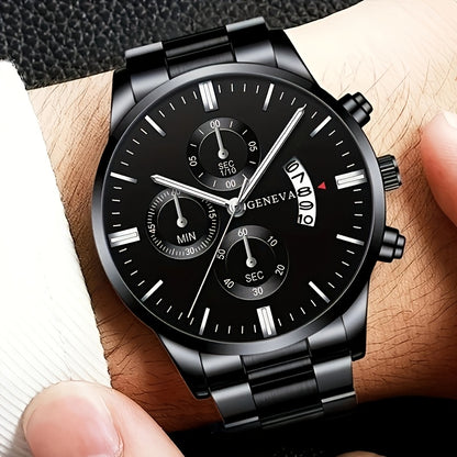 Men'S Business Round Quartz Watch with Calendar Display, Black Stainless Steel Strap, Electronic Movement, Perfect Gift for Valentine'S Day, Easter, Halloween, Ramadan, Birthdays, Christmas