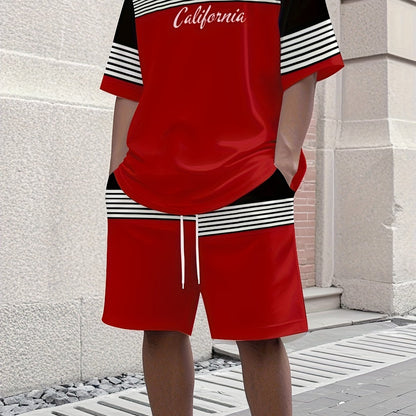 Men'S Athletic T-Shirt & Shorts Set - California Graphic, Blue & White, Drawstring Waist, Summer Sportswear, Regular Fit, Adult Exercise Gear, Athletic Apparel | California Design | Knit Constructio