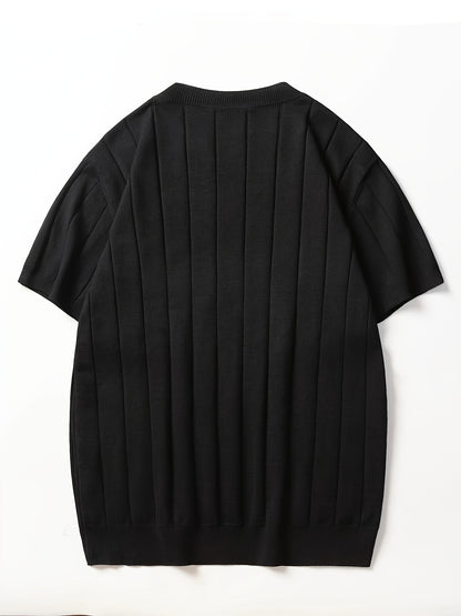 Men's Slim Fit Striped Textured Knit Crew Neck T-Shirt - High Elasticity Short Sleeve Casual Top for Spring/Autumn, Breathable Daily Leisurewear, Spring Fashion, Classic Style, Durable Construction, Pullover Shirt, Stylish Me