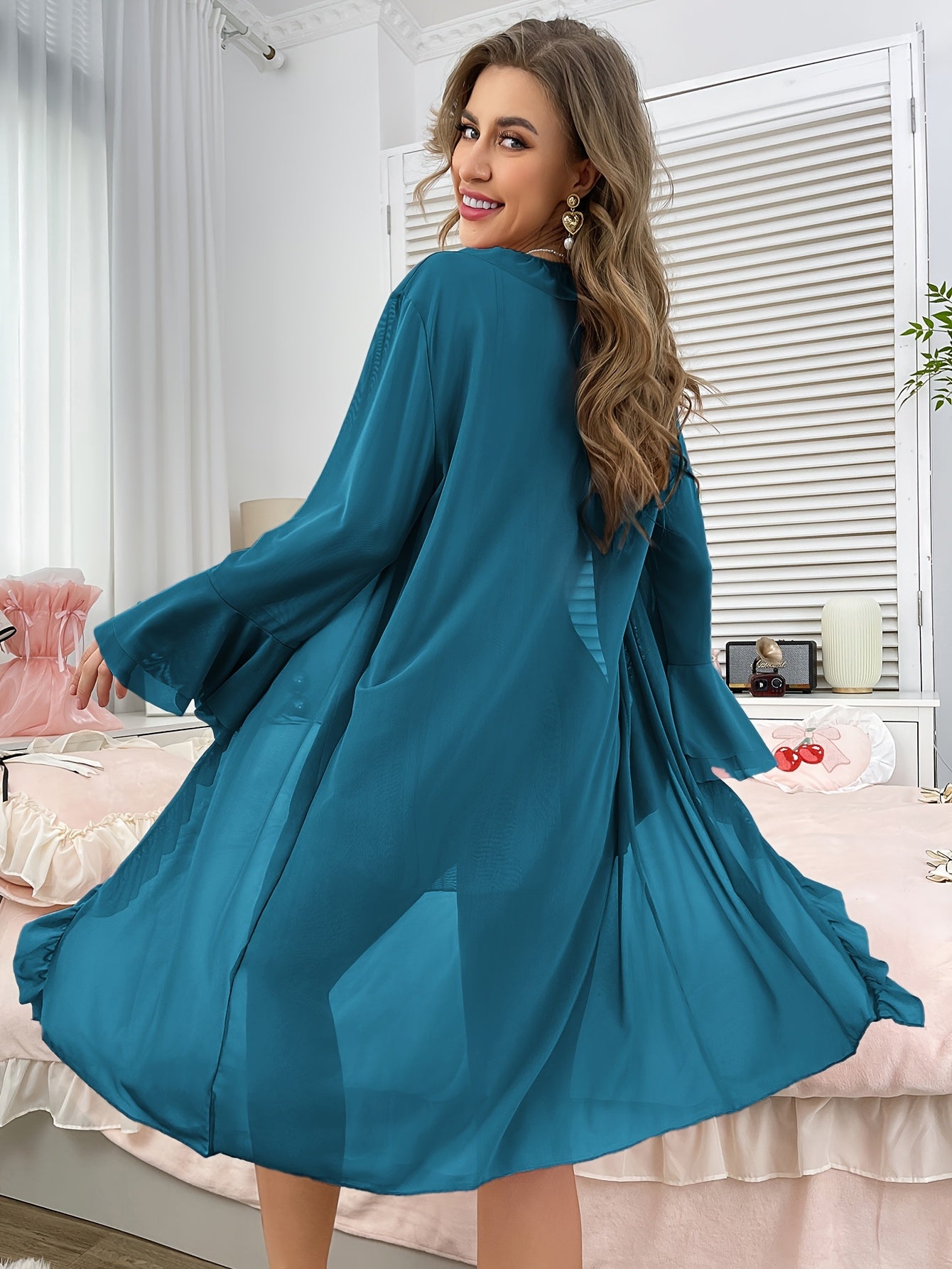 Sexy Mesh Semi-Sheer Strap+Cute Ruffle Long Sleeve Lightweight Mesh Outerwear Pajama Set