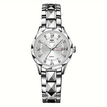 1pc Women's Stainless Steel Watch with Luminous Blue Dial, Date & Day Display, High Quality IPX7, Quartz Movement - Casual Elegant Design for Sports & Travel, Birthday Holiday Gift, Casual Attire, Secure Clasp Wristwatch