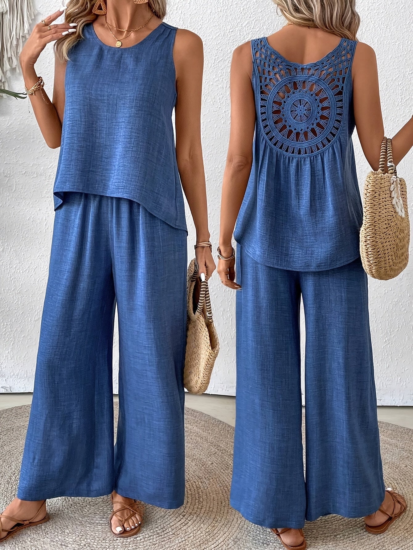 Women'S Summer Backless Cut-Out Panel Tank Top + Wide Leg Pants Set - Casual, Simple, Sleeveless, Polyester, Light Beige, Perfect for Spring/Summer, Casual Attire|Backless Top|Polyester Fabri