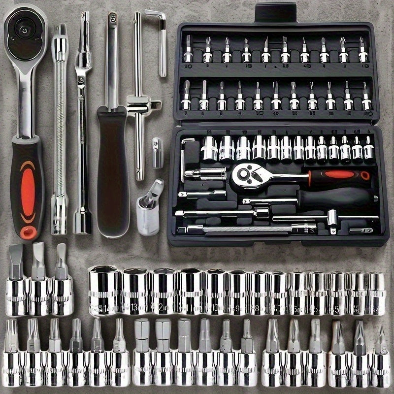 Mechanical Tool Set, Multifunctional Car Repair Toolbox, Suitable for Cars, Bicycles, Motorcycles and 1/2" 3/8" SAE & Metric Sizes Universal Wrench Kit Including Tooth Ratchet Wrenches, Household, Garage, Bicycle Trunk Specia
