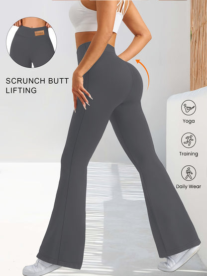 High-Waisted Flared Leggings for Women - Stretchy Black Polyester Pants with Tummy Control, Slimming Fit, and Breathable Design for Spring/Summer/Fall Casual Wear, Spring Summer Leggings | Fitted Leggings | Elastic Waistband