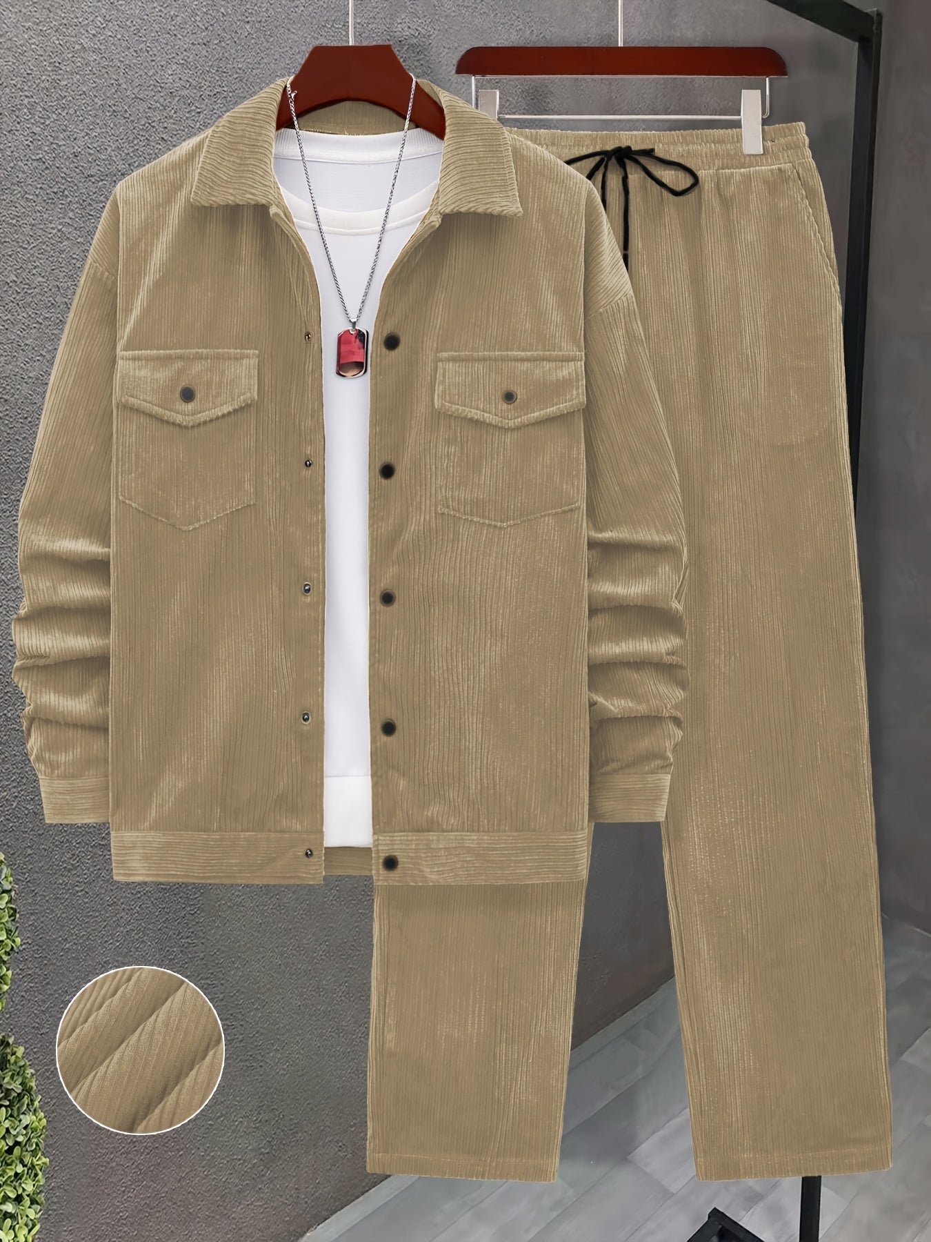 Men'S 2pcs Set of Woven Textured Fabric Work Bag Long Sleeve Jacket And Drawstring Casual Loose Pants Suit