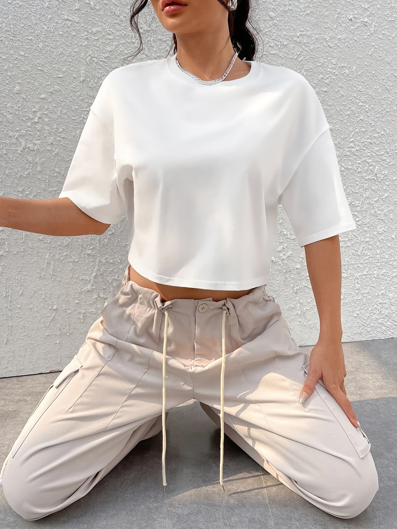 Women's Red Crop Top T-Shirt - Casual Short Sleeve, Loose Fit, Solid Color, Polyester, Machine Washable, Round Neck - Perfect for Summer