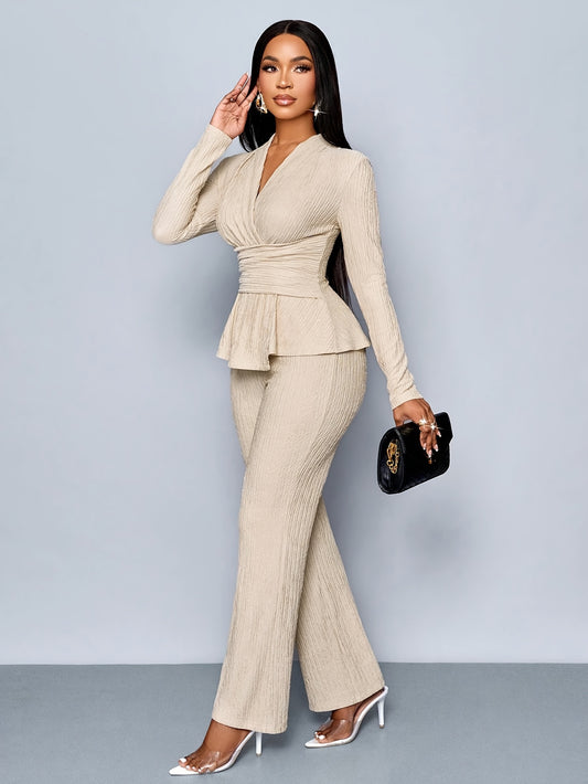 Women'S Elegant Beige Two-Piece Suit with V-Neck and Long Sleeves, Asymmetrical Hem, Wide Leg Pants, and Clutch - Perfect for Office or Casual Wear, Casual Attire|Elegant Two-Piece Set|Asymmetrical Hemline
