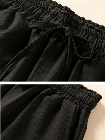 Women's Comfortable High-Waist Drawstring Wide-Leg Pants - Soft Polyester, Black, Relaxed Fit, Machine Washable, Casual Style for Casual Attire, Everyday Comfortable Wear | Relaxed Fit Pants | Glossy Finish