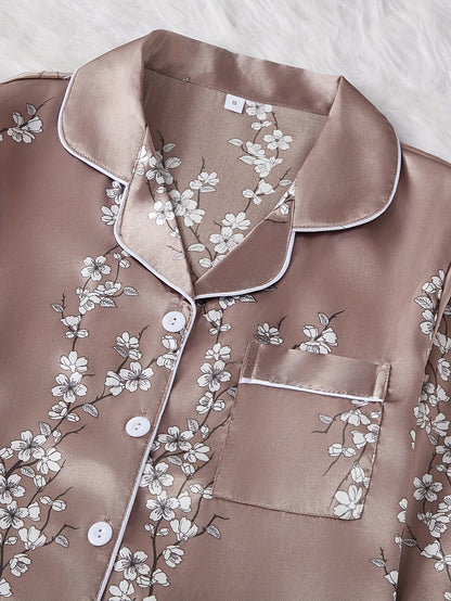Women'S Vintage Elegant Floral Print Satin Pajama Set, Long Sleeve Top and Pants, Polyester 97% Elastane 3%, Lapel Collar, Woven, 90gsm, Fall/Winter Sleepwear