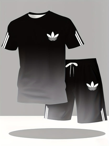 ADIDA Letter Set Short Sleeve + Shorts Two-Piece Men's Fashion Casual Round Neck T-Shirt Outfit, European Style Trendy Short Sleeve Set