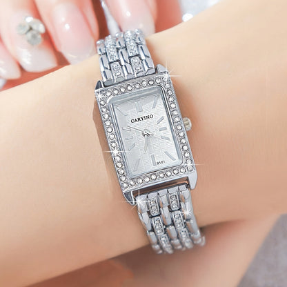 Elegant Cartier-Inspired Zinc Alloy Bracelet Watch with Sparkling Rhinestones - Rectangular Face, Quartz Movement, Non, Perfect for Daily Wear, Parties, Birthdays, and Festive Gifts, Festive Accessory | Elegant Bracelet | Qua
