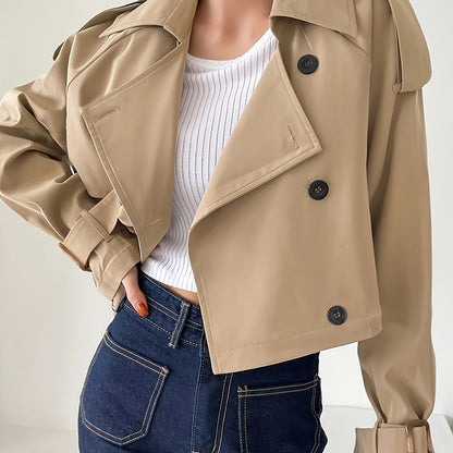 Buckle Cuff Lapel Neck Trench Coat, Stylish Solid Color Crop Long Sleeve Coat For Spring & Fall, Women's Clothing