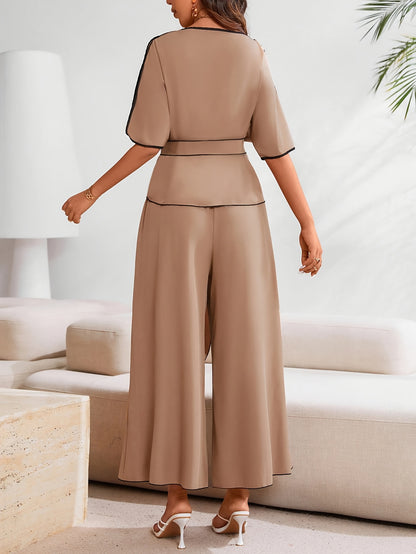 New Stylish and Elegant Solid Color Short-Sleeve Shirt Pants Set for Women