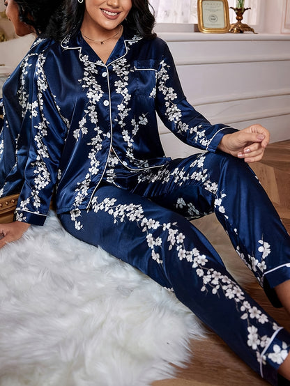 Women'S Vintage Elegant Floral Print Satin Pajama Set, Long Sleeve Top and Pants, Polyester 97% Elastane 3%, Lapel Collar, Woven, 90gsm, Fall/Winter Sleepwear