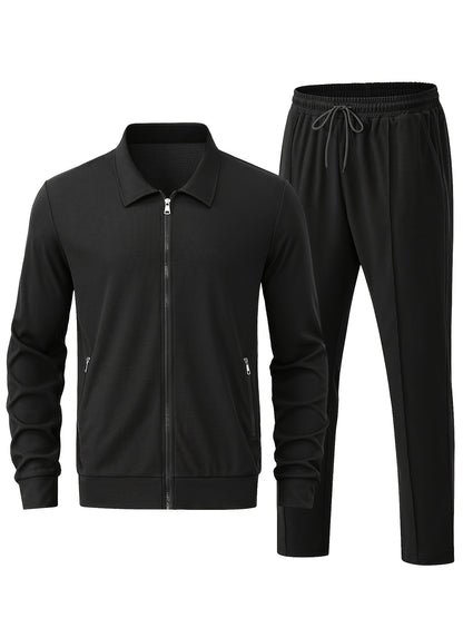 Men's Solid Waffle 2pcs Athletic Outfits, Zip-up Jacket & Pants co ord set for Outdoor Sports