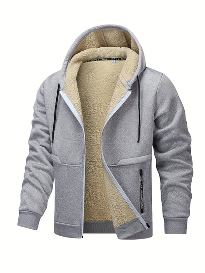 1pc Men'S Casual Style Hooded Jacket, Thick Fleece Lined, Warm Autumn/Winter Fashion, Solid Color, Polyester Knit with Pockets, Regular Fit